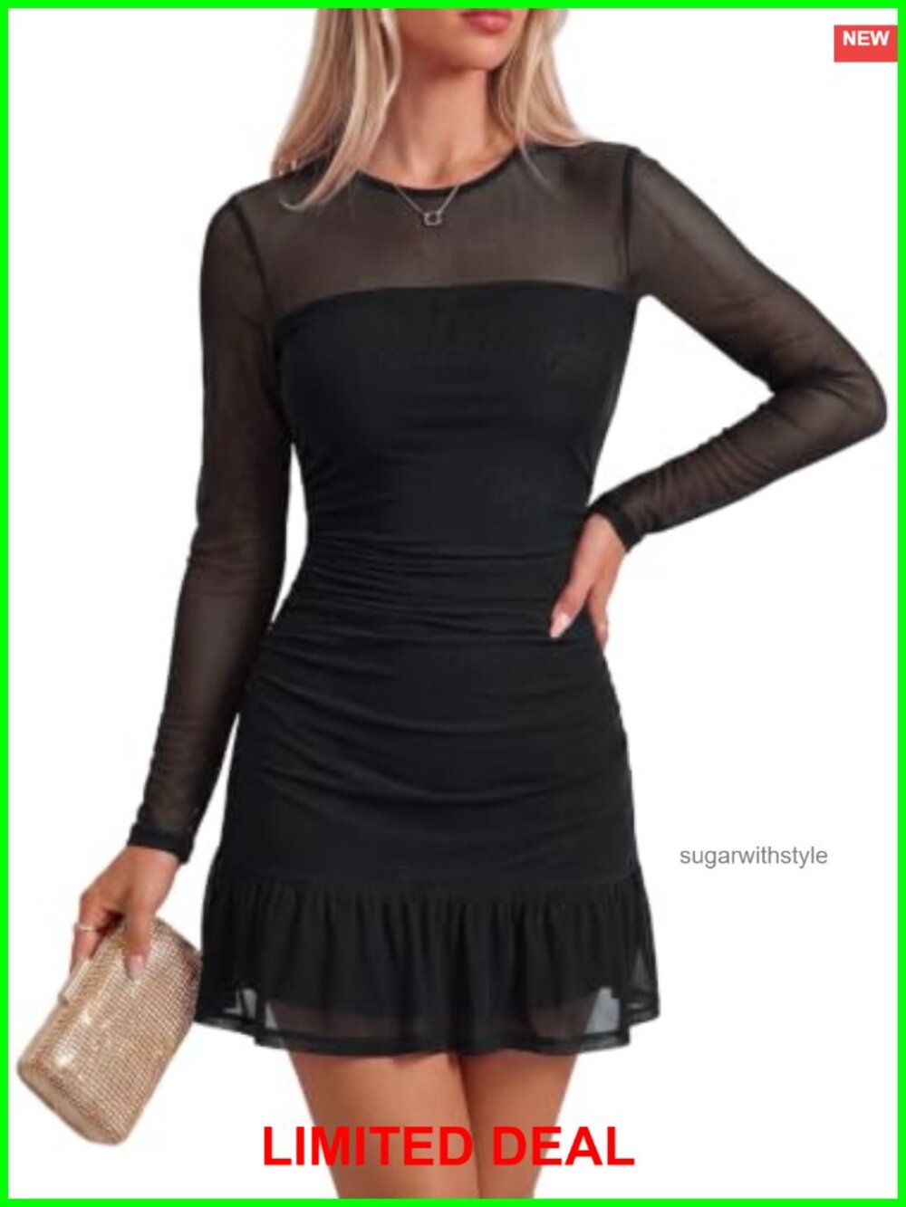 Womens Mesh Long Sleeve Bodycon Mini Dress Ruched Club Night Out
